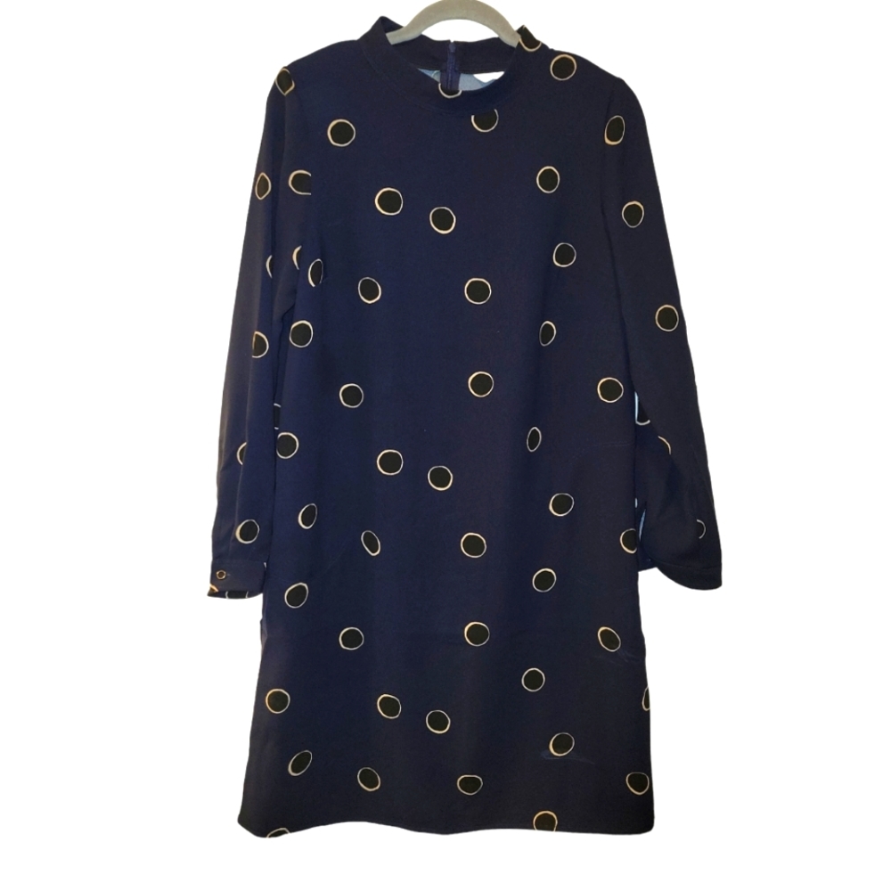 Boden, Mock Neck Dress, Long Sleeve, Front Pockets, Navy Blue w/Cream Swirls, 8L